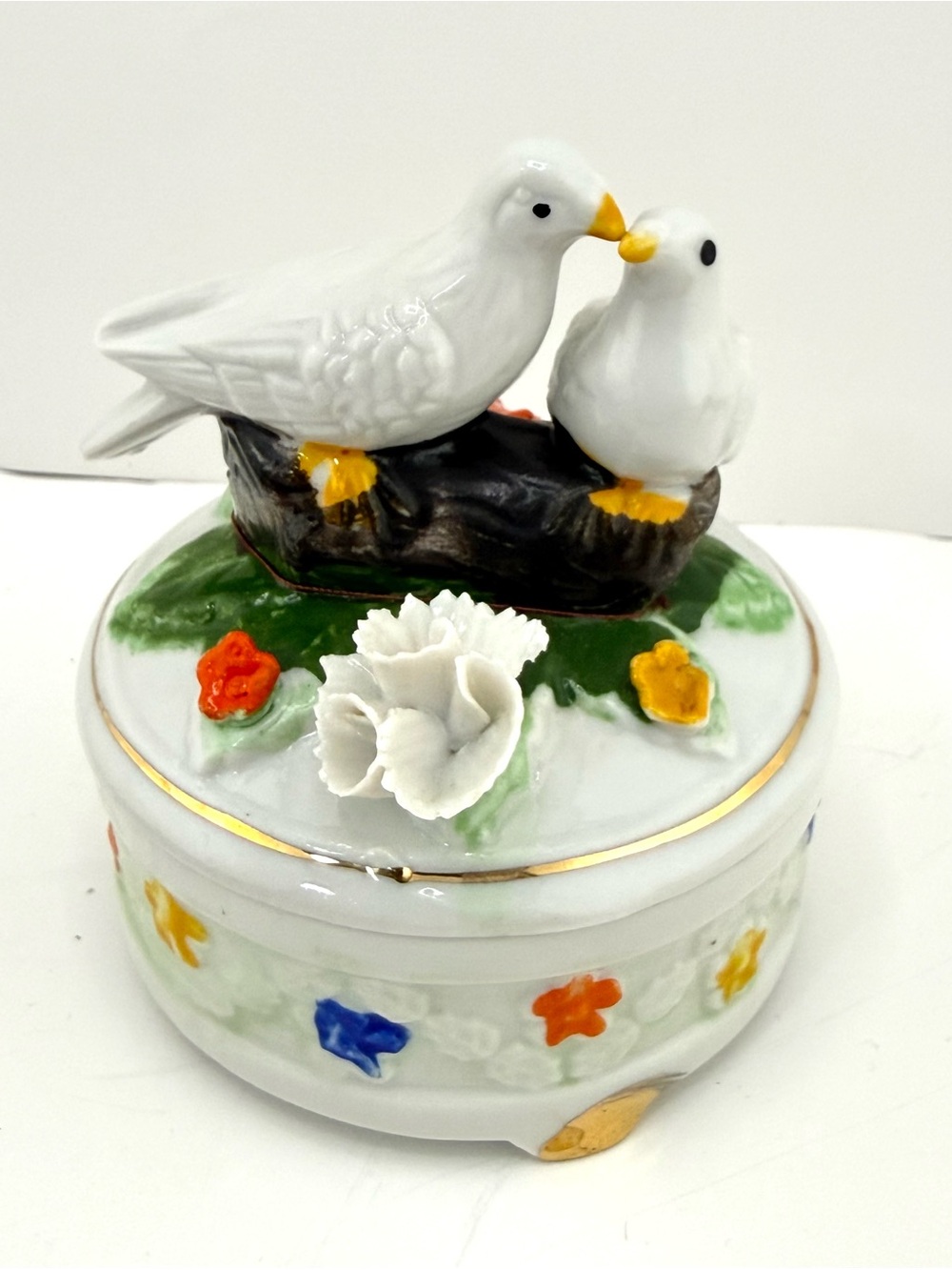Vintage Porcelain Trinket Box with Doves and Flowers
